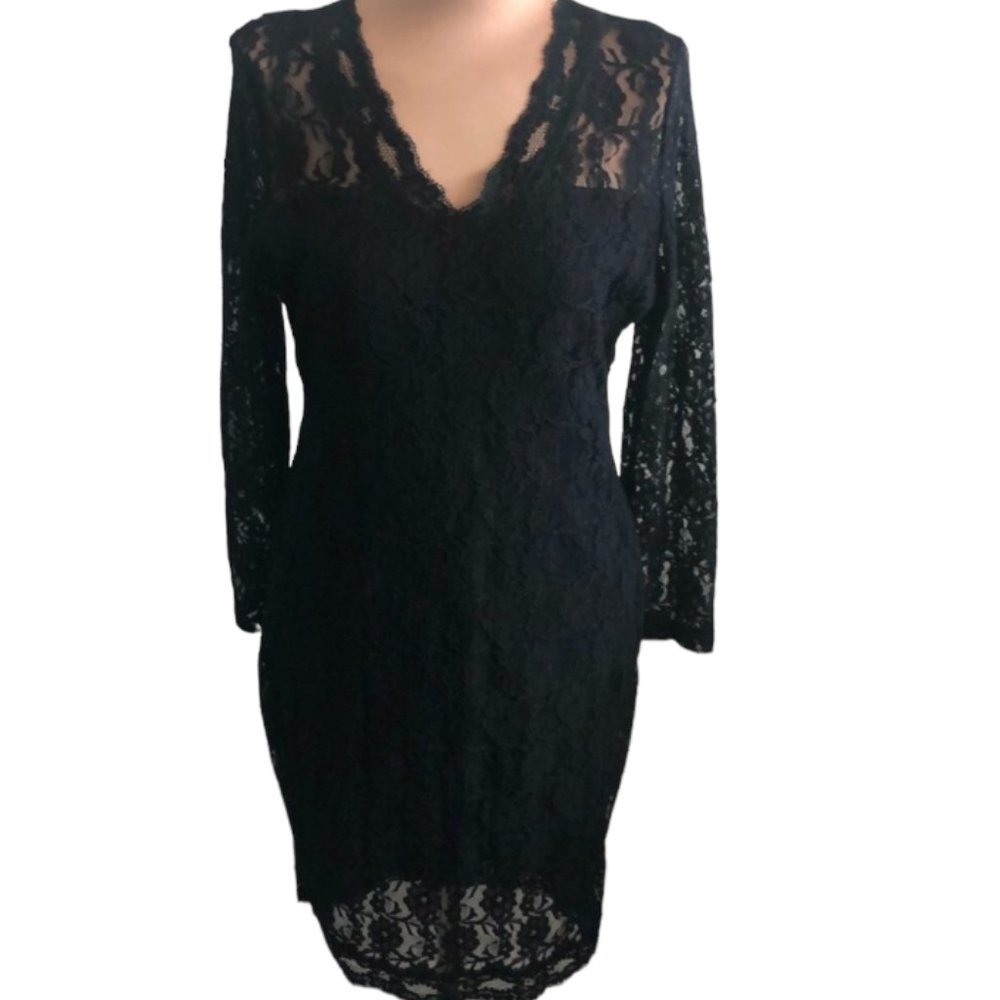 Black Lace Vtg Evening Short Dress Long Sleeves Sz.M-L